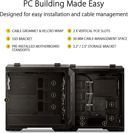 TUF Gaming GT501 Mid-Tower PC Case for up to EATX Motherboards with USB 3.0 Front Panel, Smoked Tempered Glass, Steel Construction, and Four Case Fans