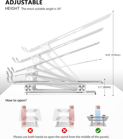 Laptop Stand, Adjustable Multi-Angle Laptop Holder, Compatible for Laptops up to 17 Inches, Sturdy Aluminum & Silicone, Silver
